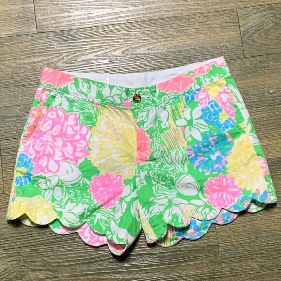 Lilly Pulitzer Pink Yellow Lime Buttercup Floral Scallop Hem 5” Short 00 XXS - Picture 2 of 6